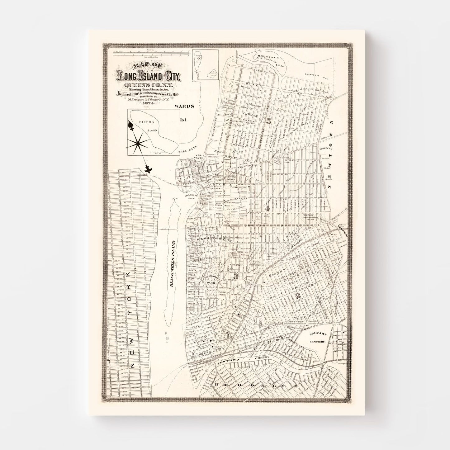 Vintage Map of Queens County, New York, 1874