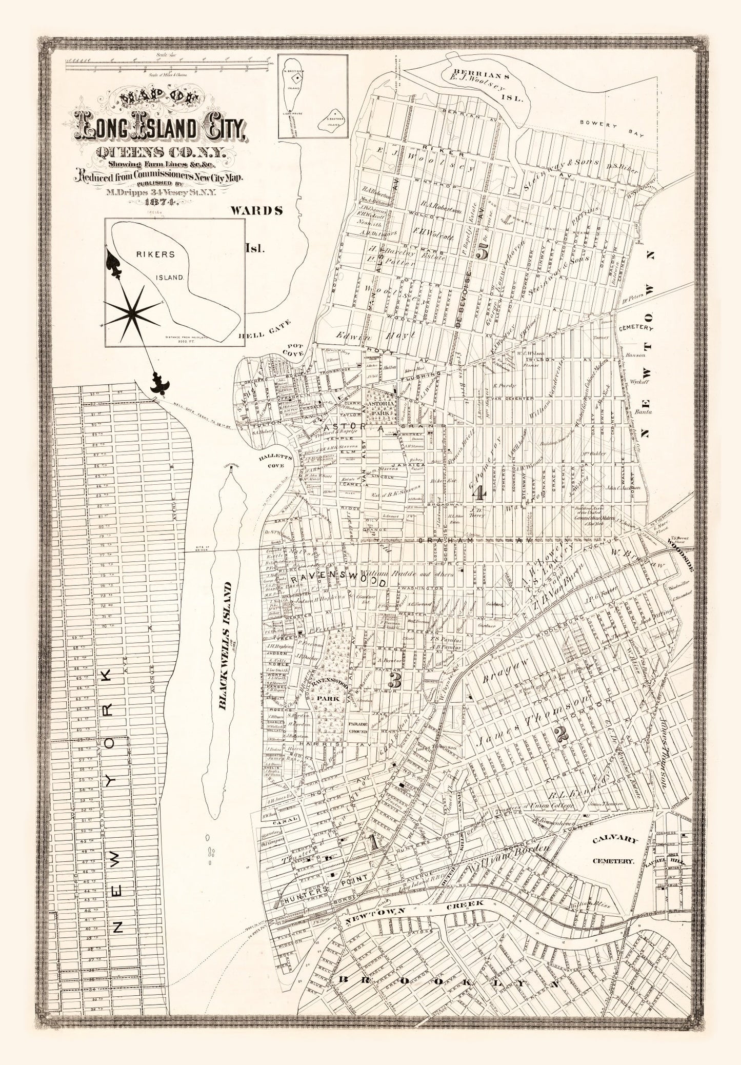 Vintage Map of Queens County, New York, 1874