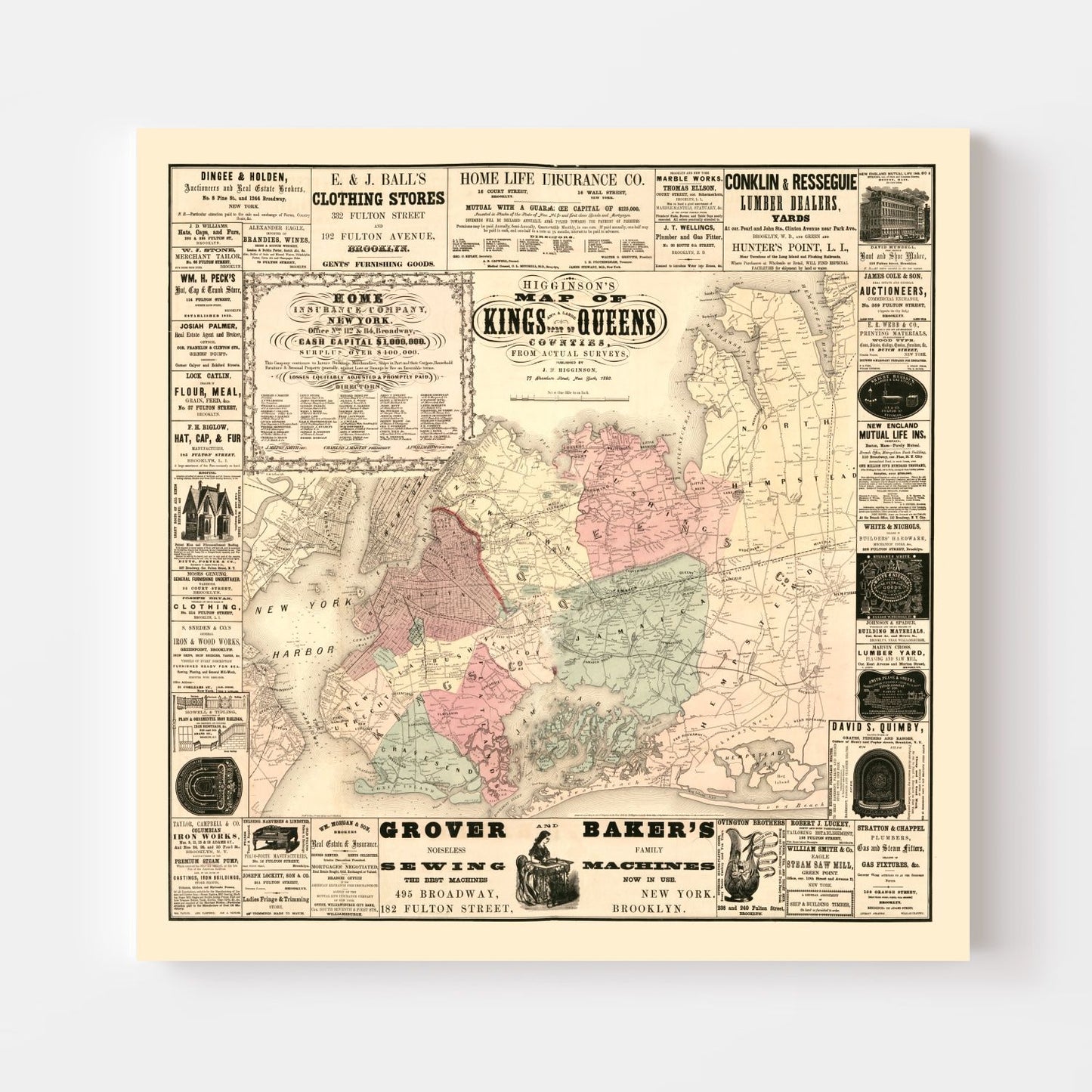 Vintage Map of Kings County, New York, 1860