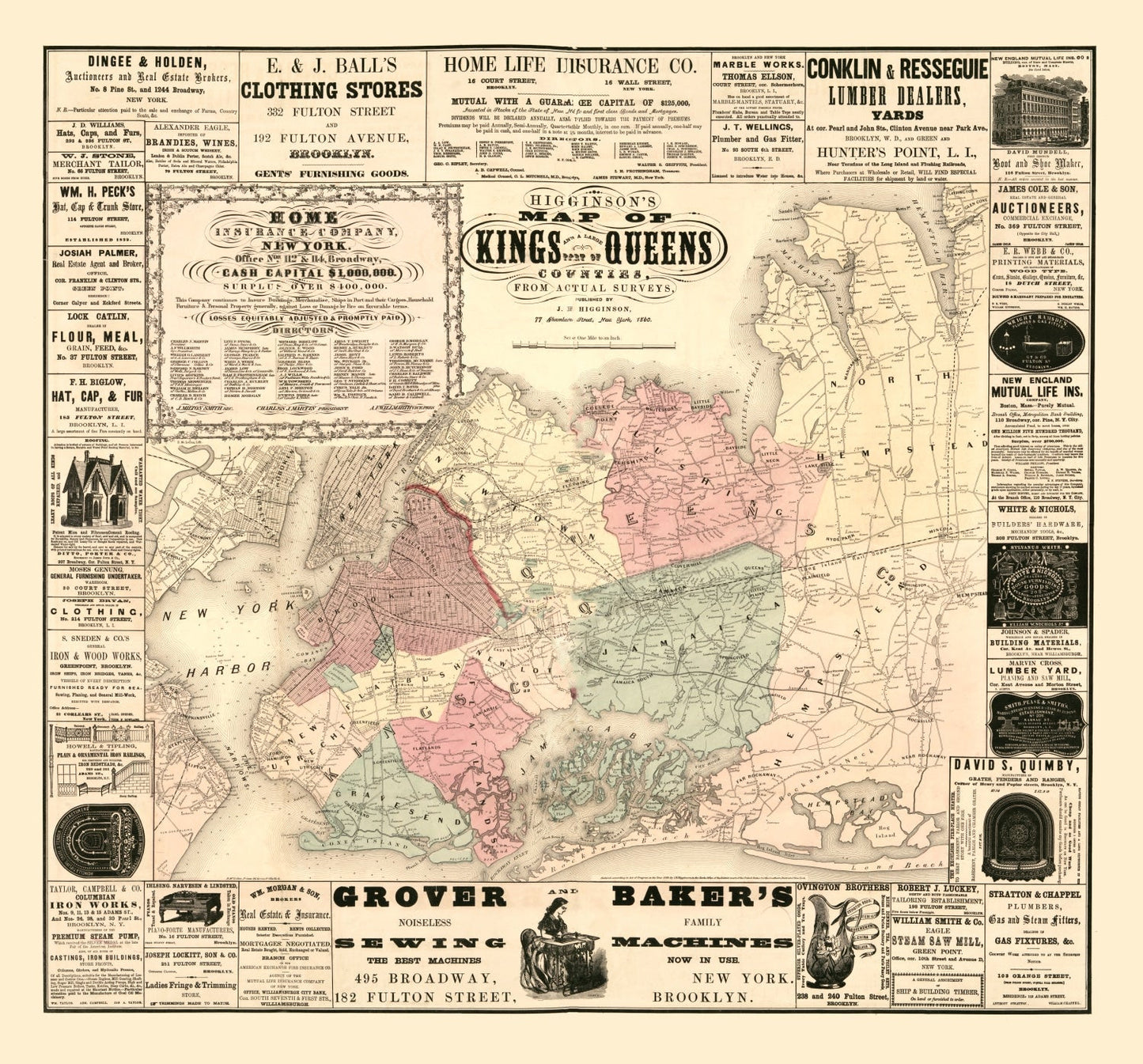 Vintage Map of Kings County, New York, 1860