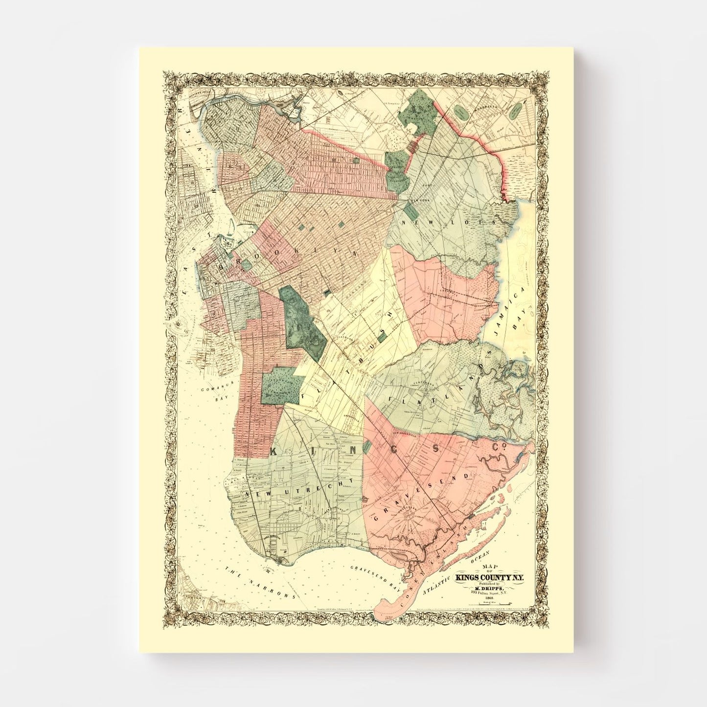Vintage Map of Kings County, New York, 1868