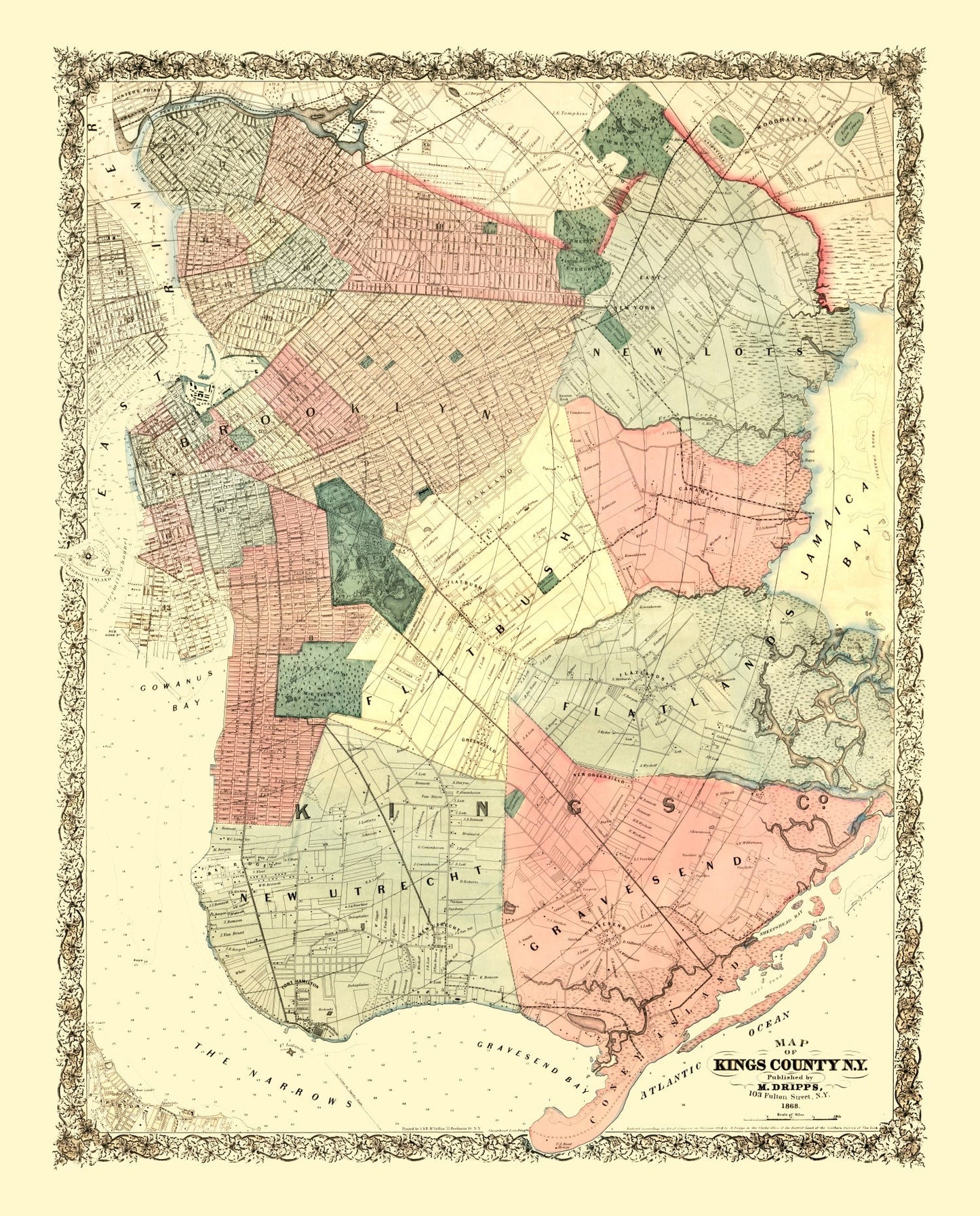 Vintage Map of Kings County, New York, 1868