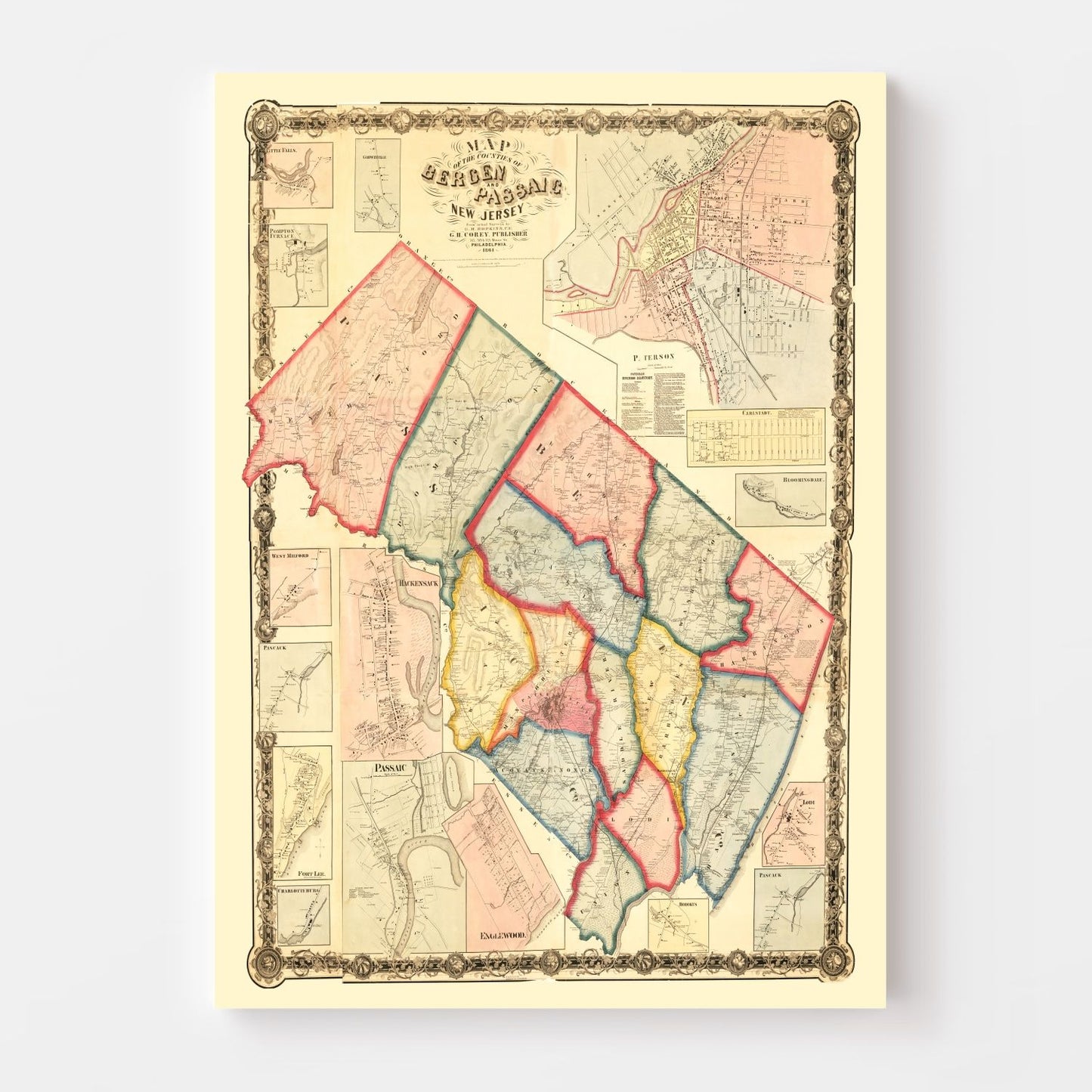 Vintage Map of Bergen County, New Jersey, 1861