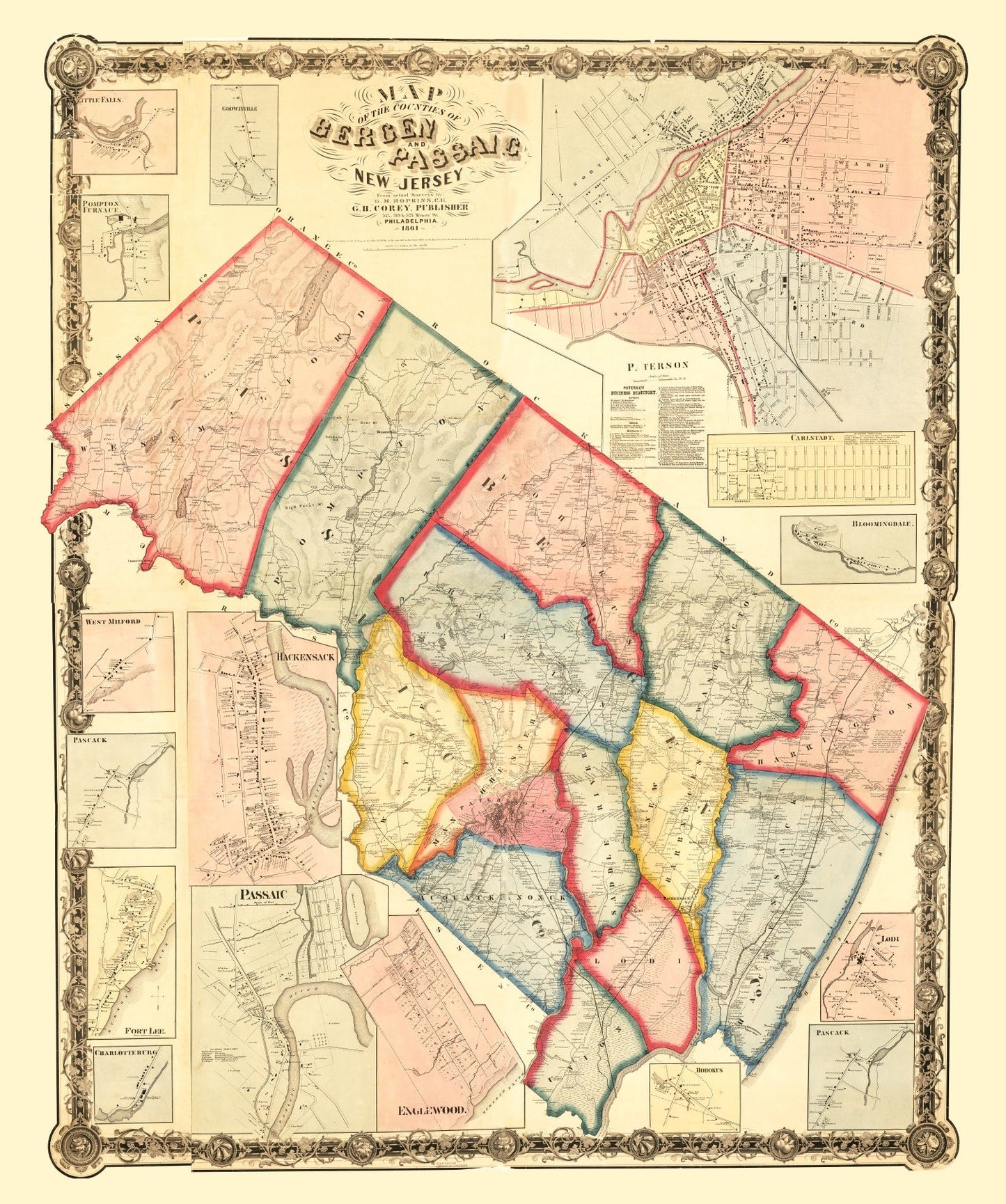 Vintage Map of Bergen County, New Jersey, 1861