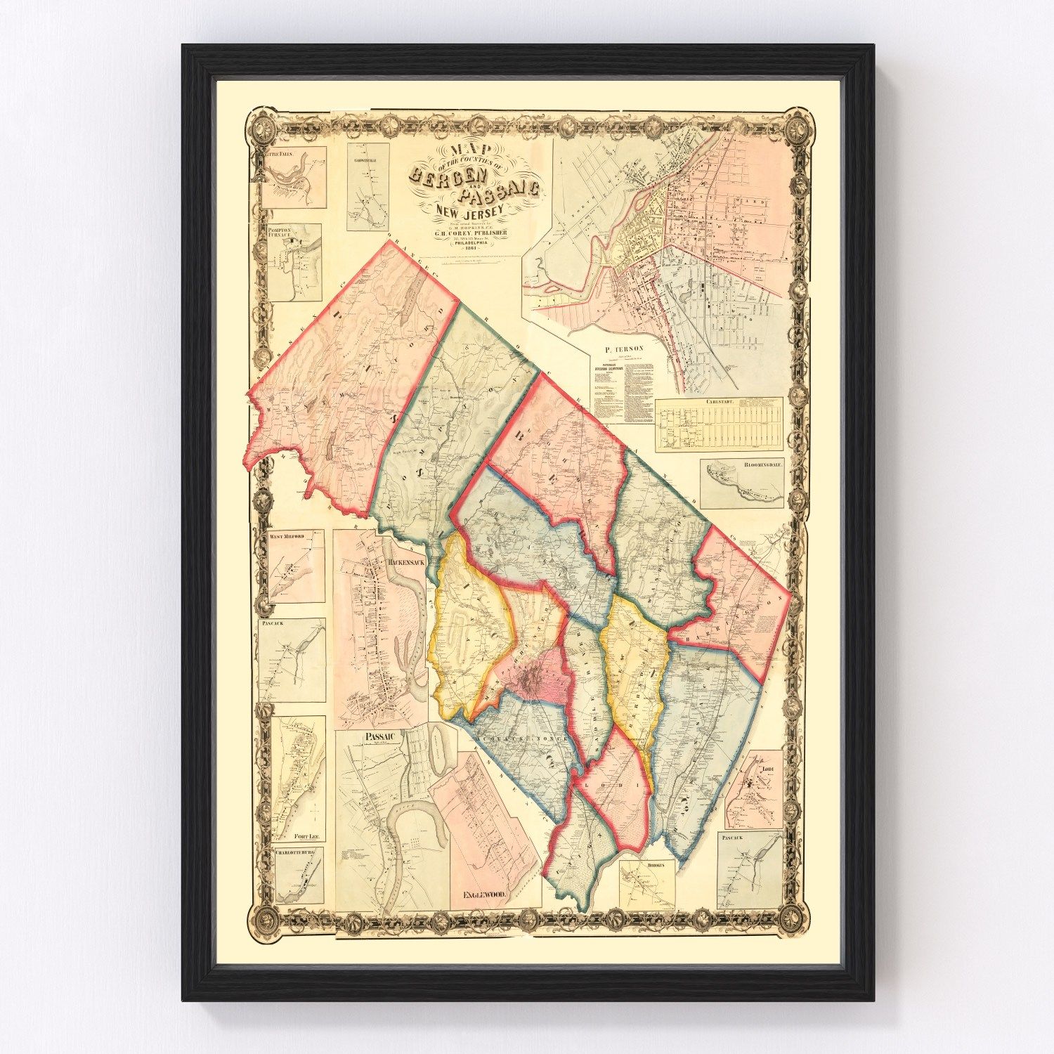 Vintage map of Bergen County, New Jersey, 1861