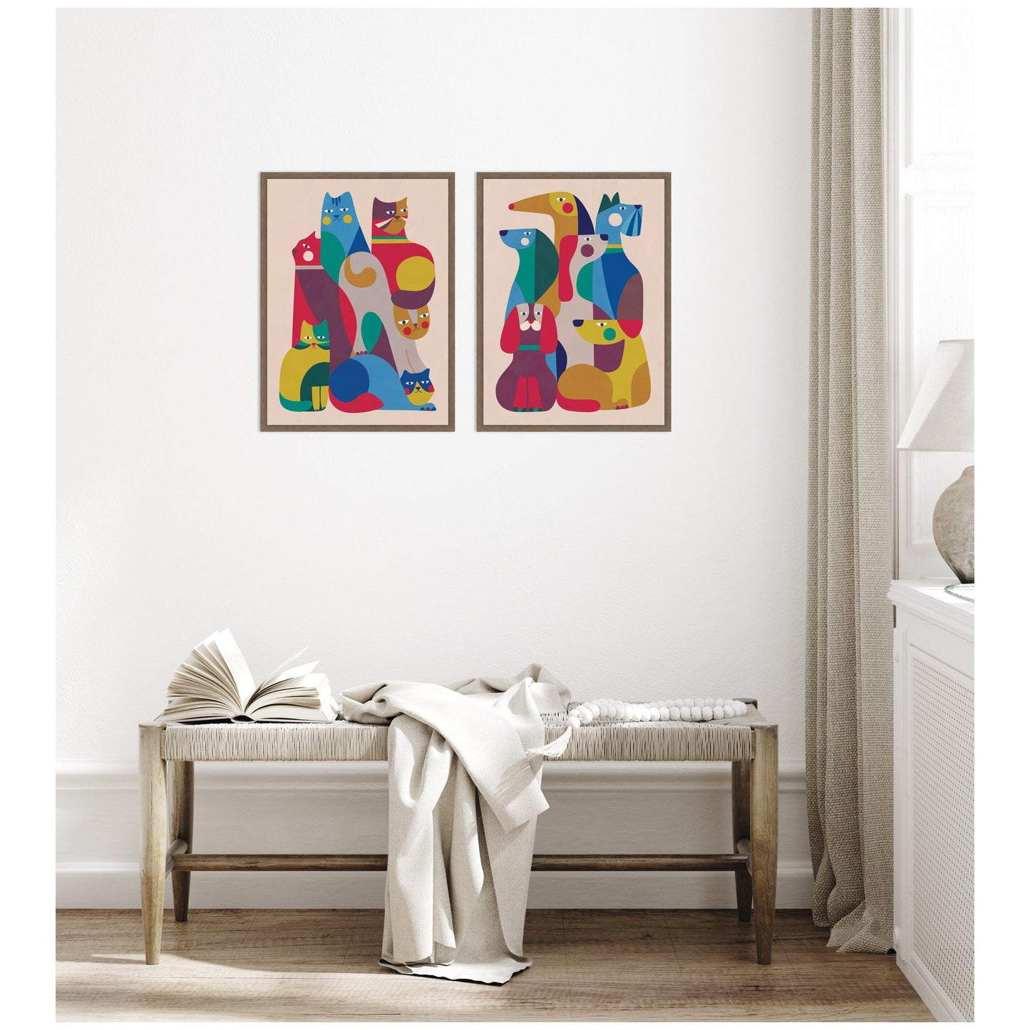 Retro Cats and Dogs 2 Piece Framed Canvas Set