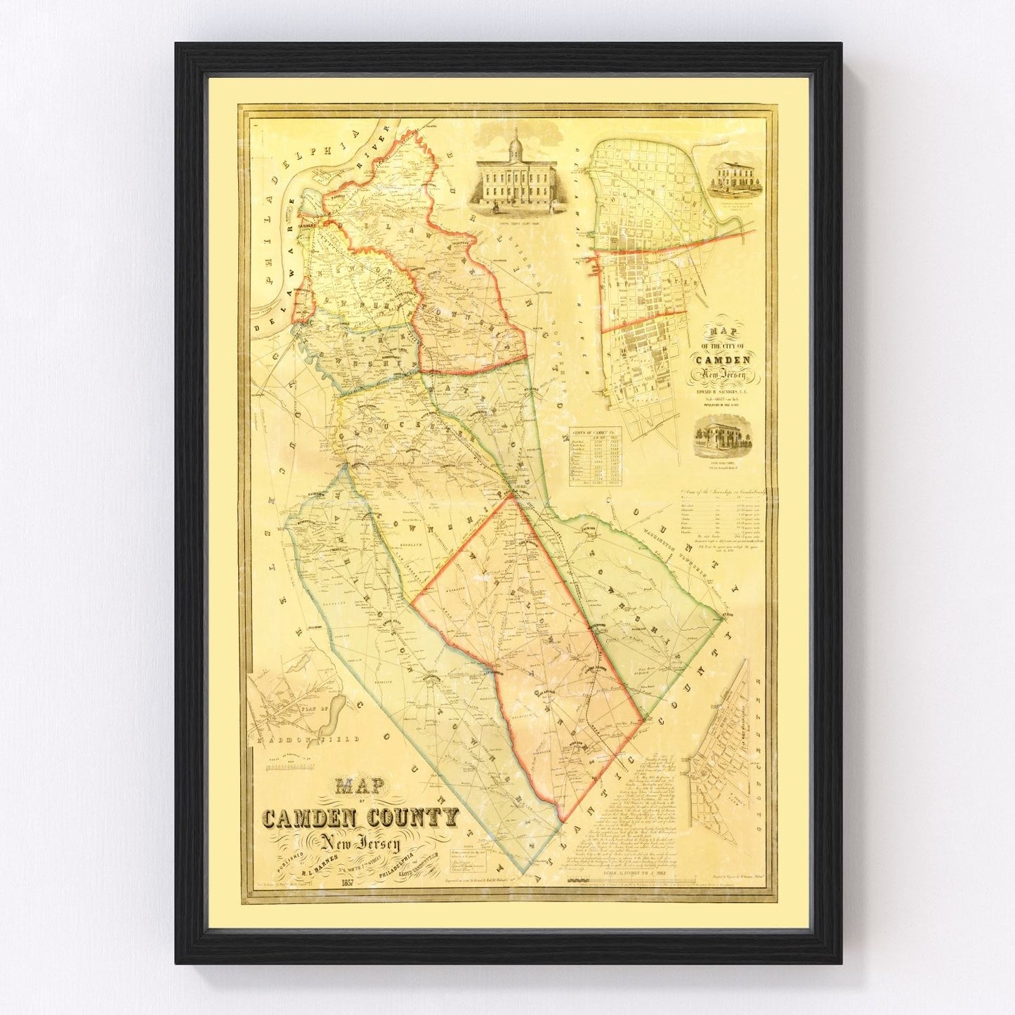 Vintage map of Camden County, New Jersey, 1857, Delaware River restored print