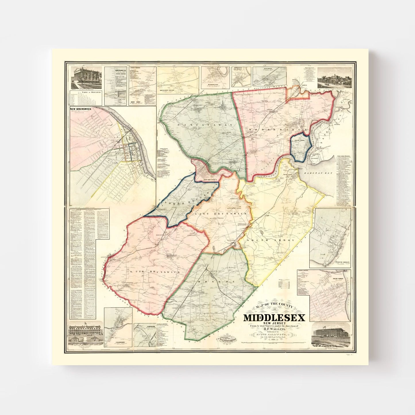 Vintage Map of Middlesex County, New Jersey, 1861