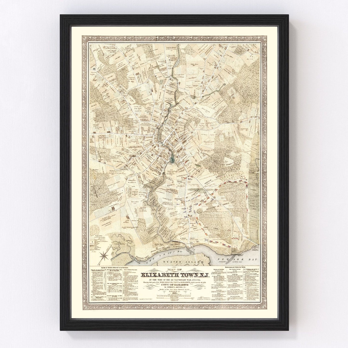 Vintage restored map of Elizabethtown, New Jersey, 1775, Revolutionary War colonial town