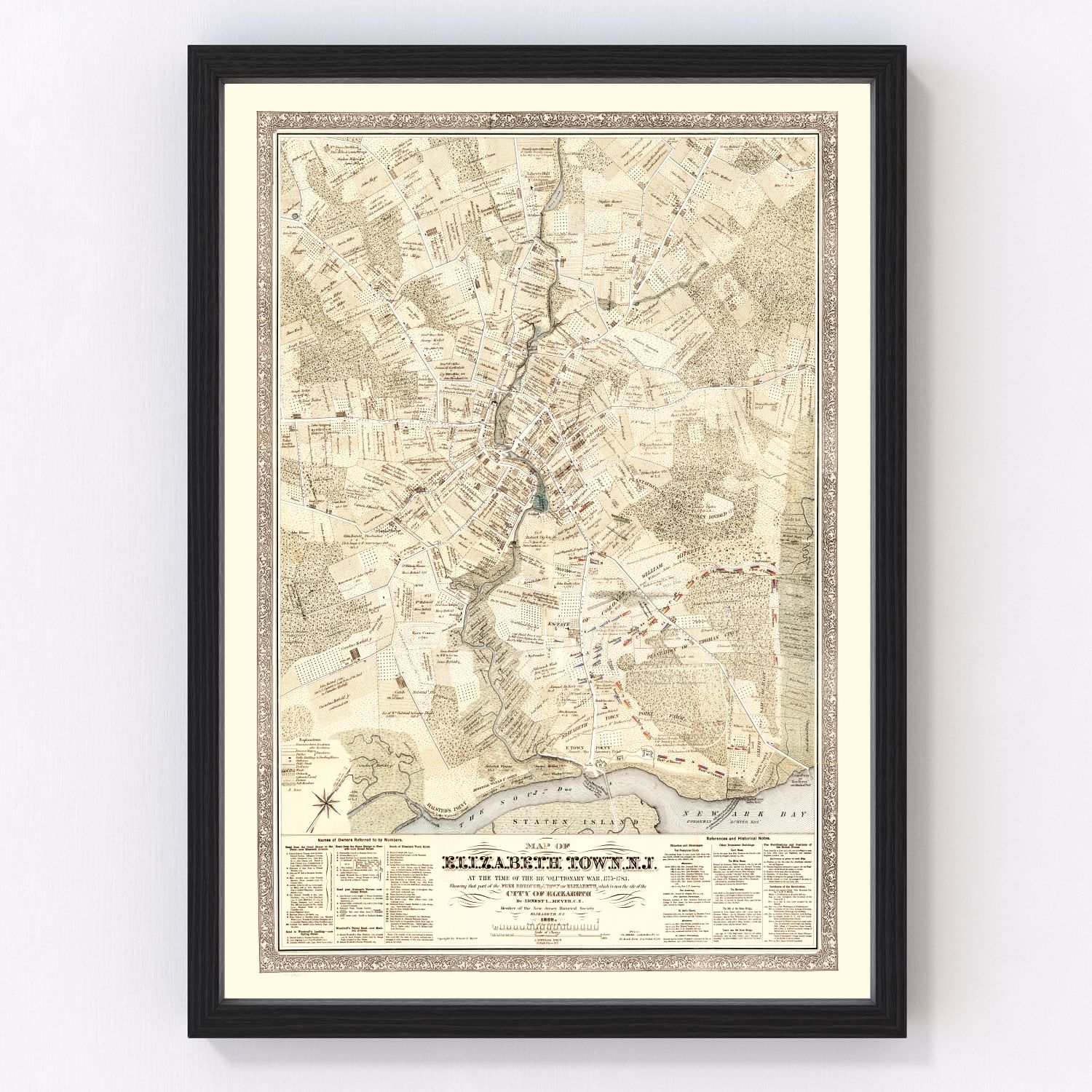Vintage restored map of Elizabethtown, New Jersey, 1775, Revolutionary War colonial town