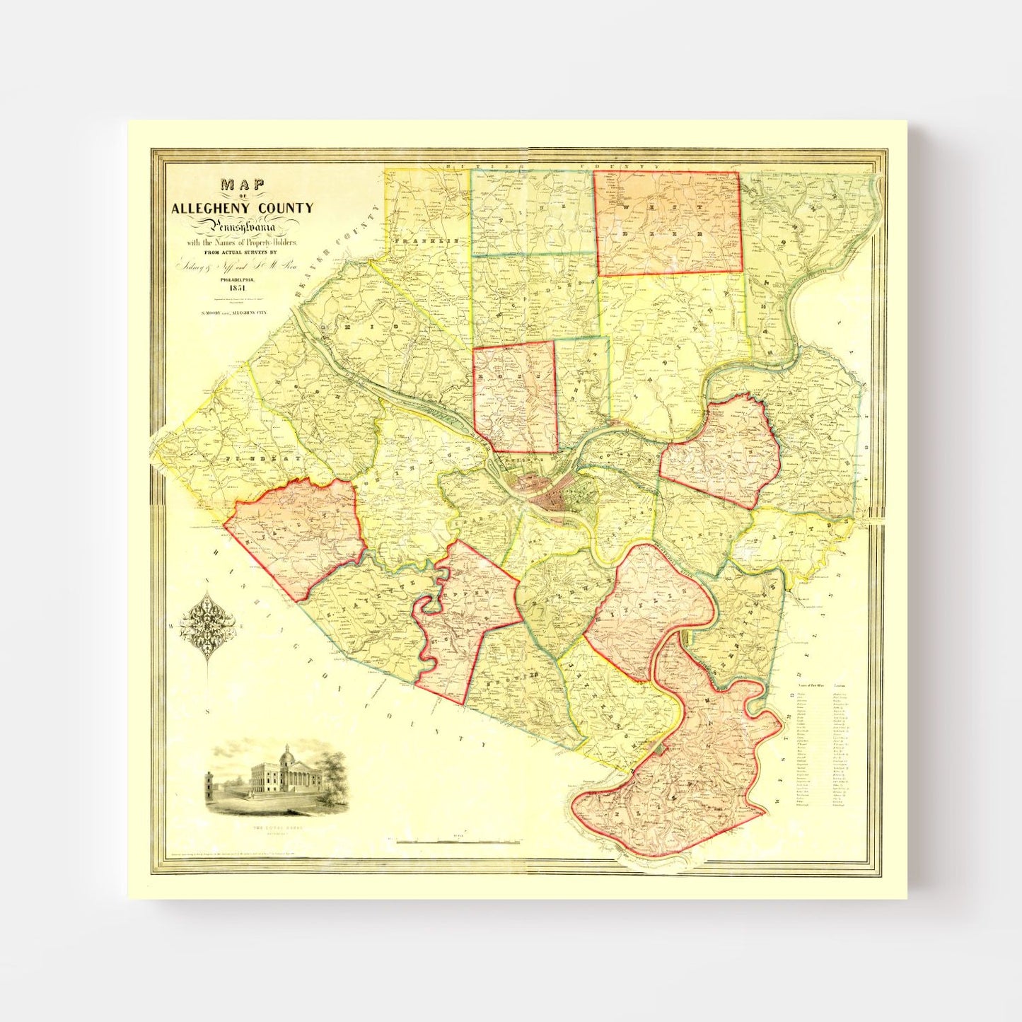 Vintage Map of Allegheny County, Pennsylvania, 1851