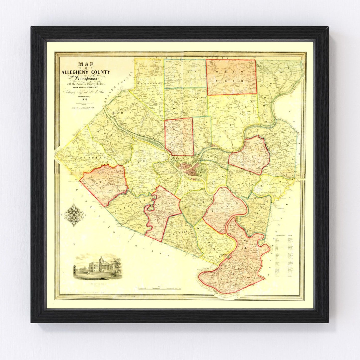 Vintage map of Allegheny County, Pennsylvania, 1851, Pittsburgh area restored print