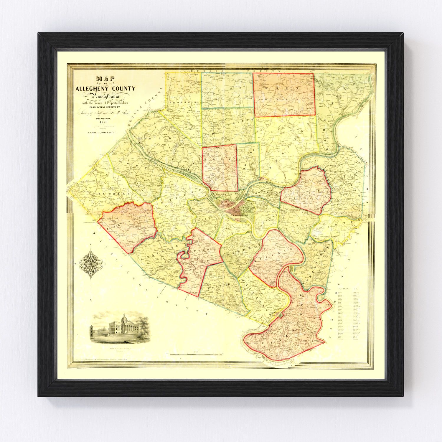 Vintage map of Allegheny County, Pennsylvania, 1851, Pittsburgh area restored print