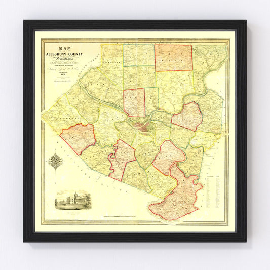 Vintage map of Allegheny County, Pennsylvania, 1851, Pittsburgh area restored print