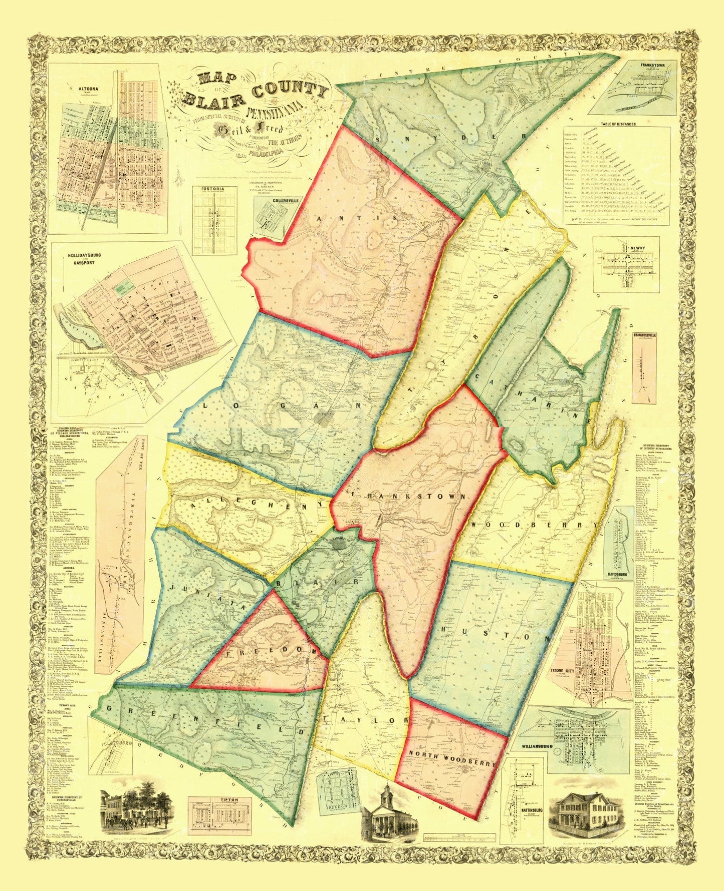 Vintage Map of Blair County, Pennsylvania, 1859