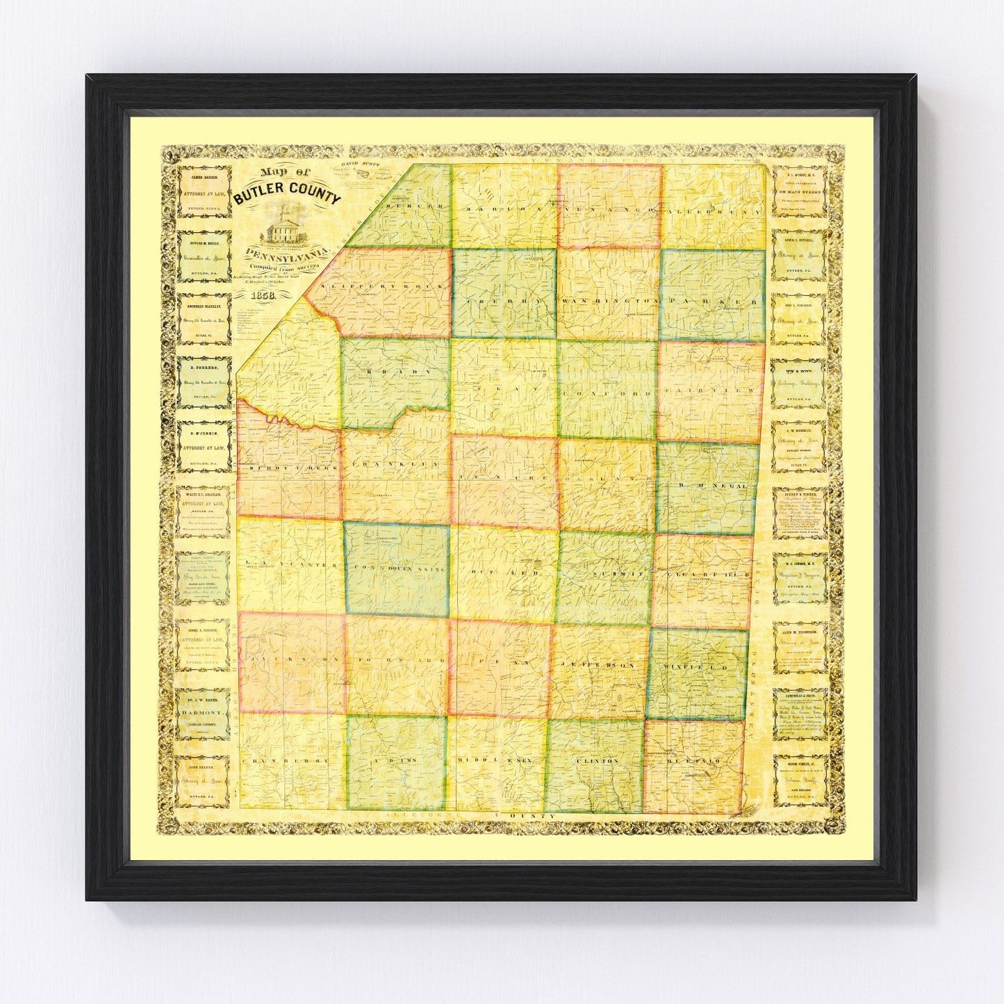 Vintage map of Butler County, Pennsylvania, 1858, digitally restored