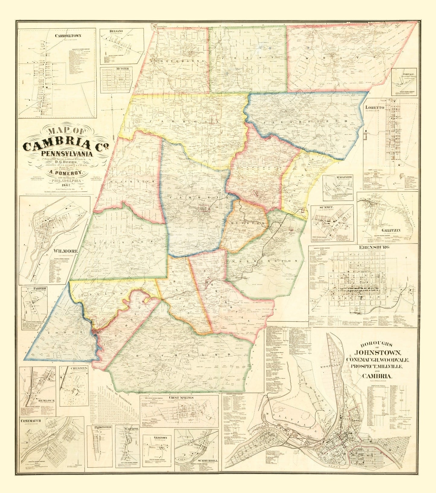 Vintage Map of Cambria County, Pennsylvania, 1867