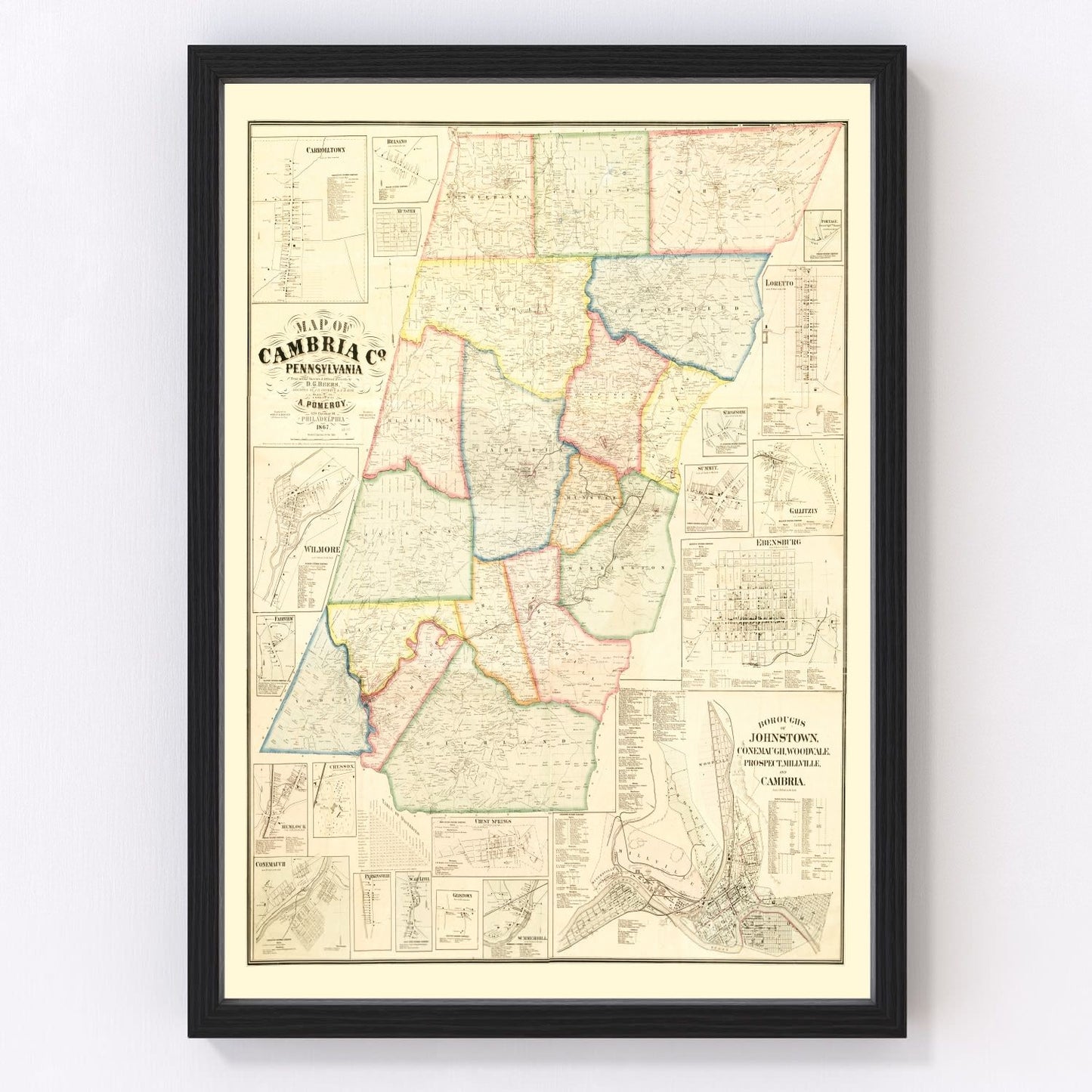 Vintage map of Cambria County, Pennsylvania, 1867, restored print