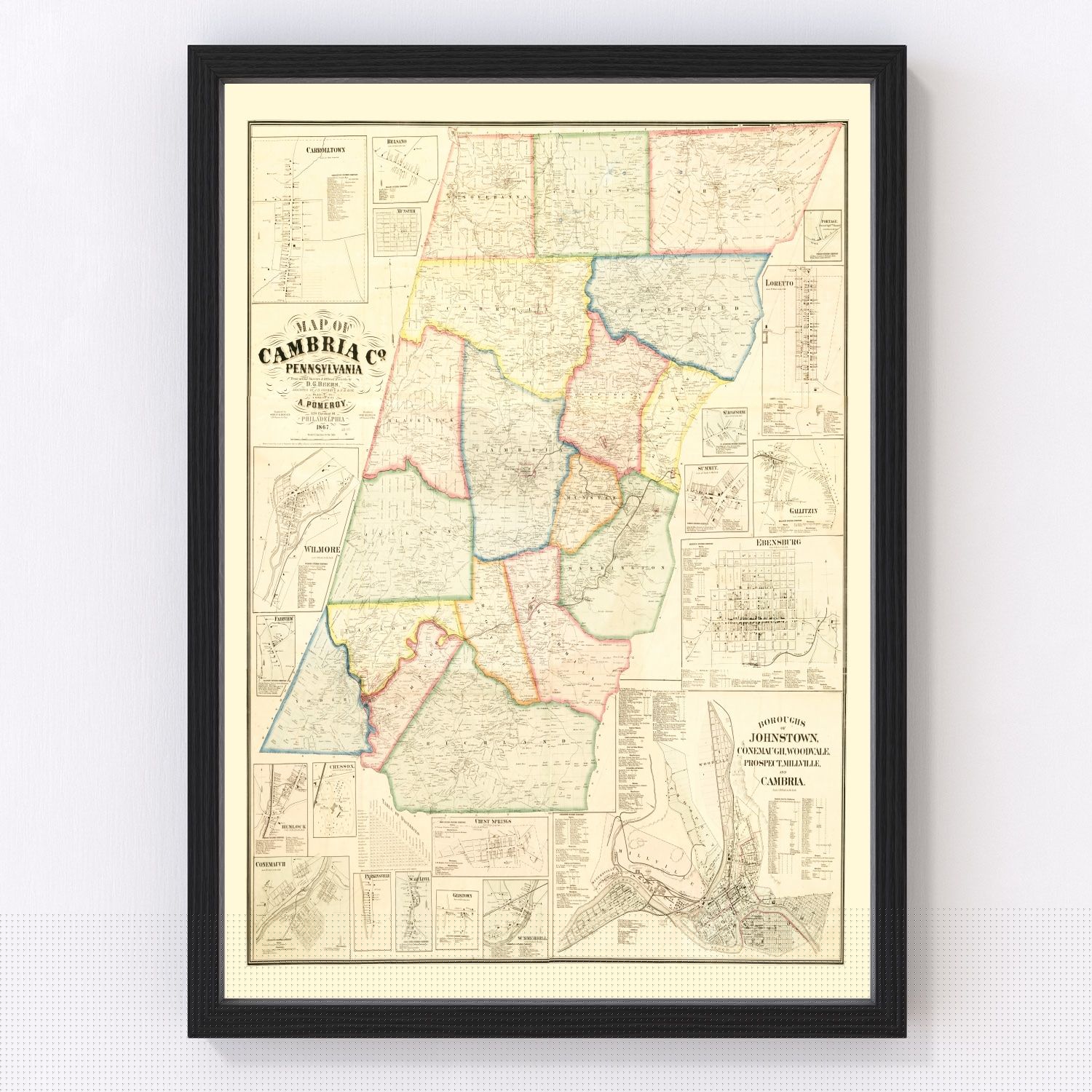 Vintage map of Cambria County, Pennsylvania, 1867, restored print