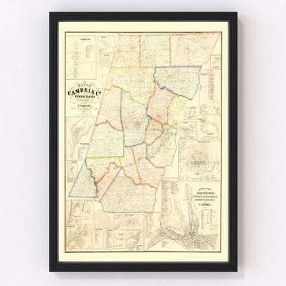 Vintage map of Cambria County, Pennsylvania, 1867, restored print