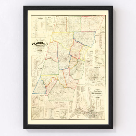 Vintage map of Cambria County, Pennsylvania, 1867, restored print
