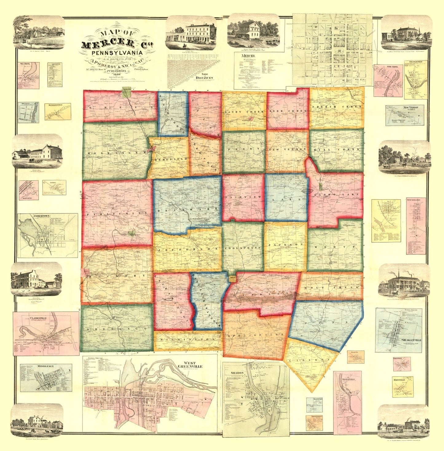 Vintage Map of Mercer County, Pennsylvania, 1860