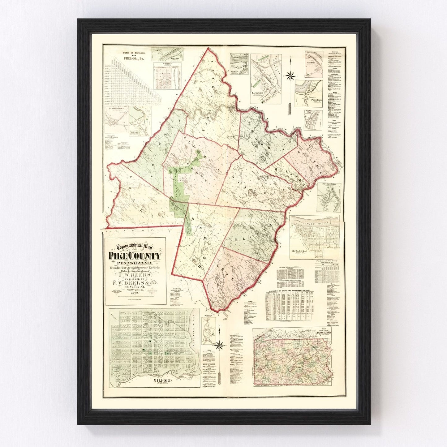 vintage map of Pike County, Pennsylvania, 1872