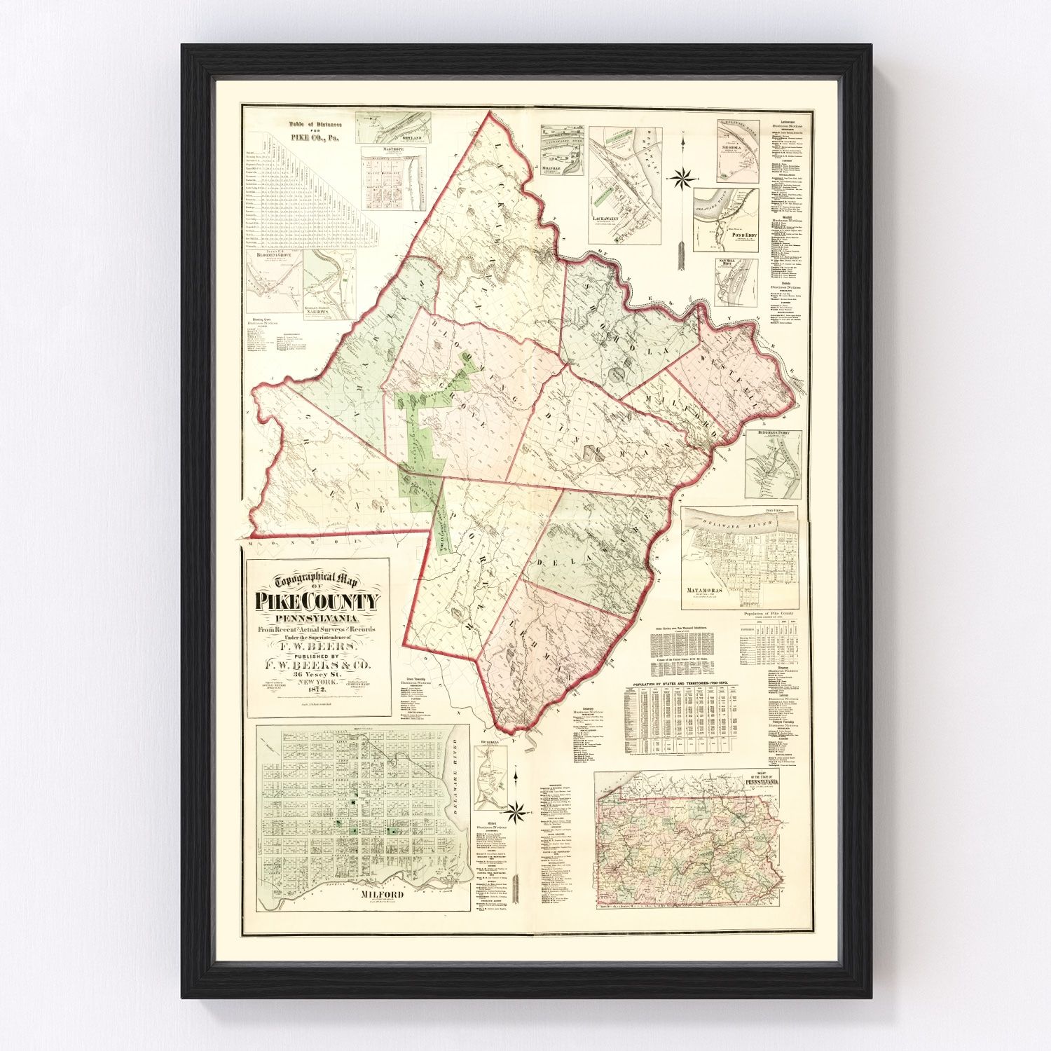 vintage map of Pike County, Pennsylvania, 1872