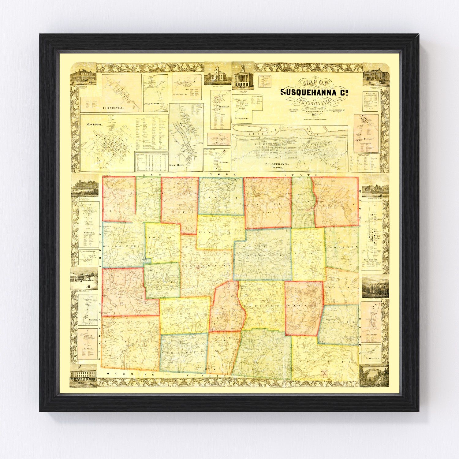 Vintage map of Susquehanna County, Pennsylvania, 1858
