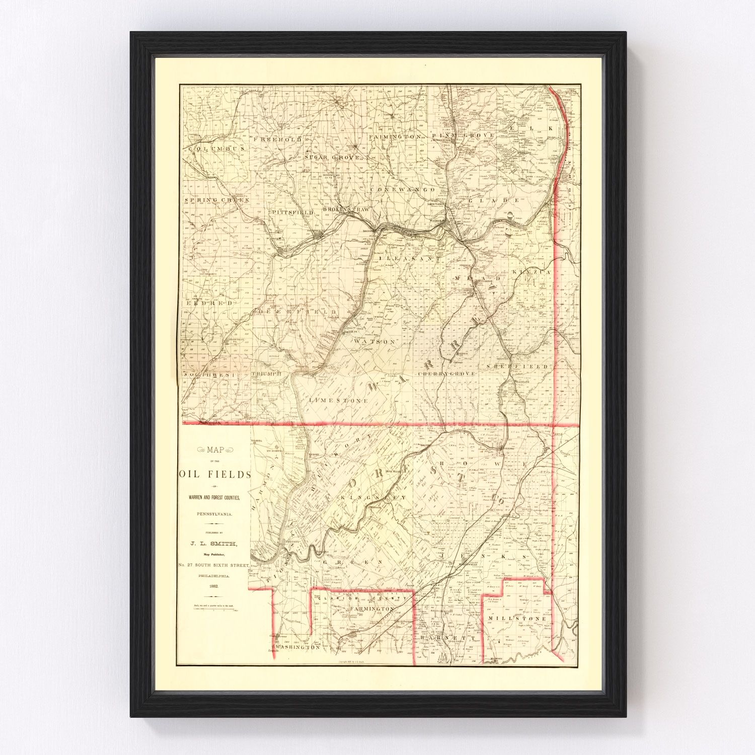 Vintage map of Warren County, Pennsylvania, 1882