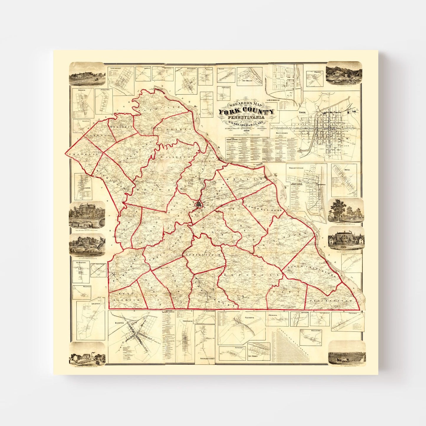 Vintage Map of York County, Pennsylvania, 1860