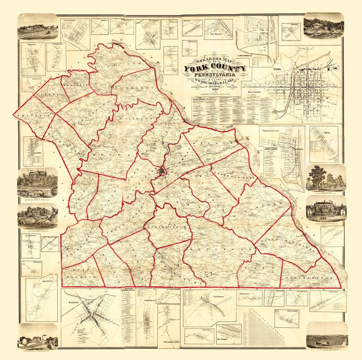 Vintage Map of York County, Pennsylvania, 1860