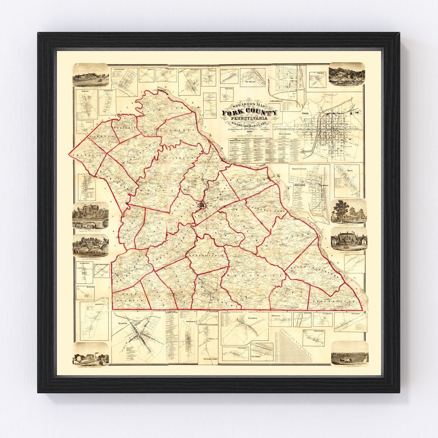 Vintage restored map of York County, Pennsylvania, 1860
