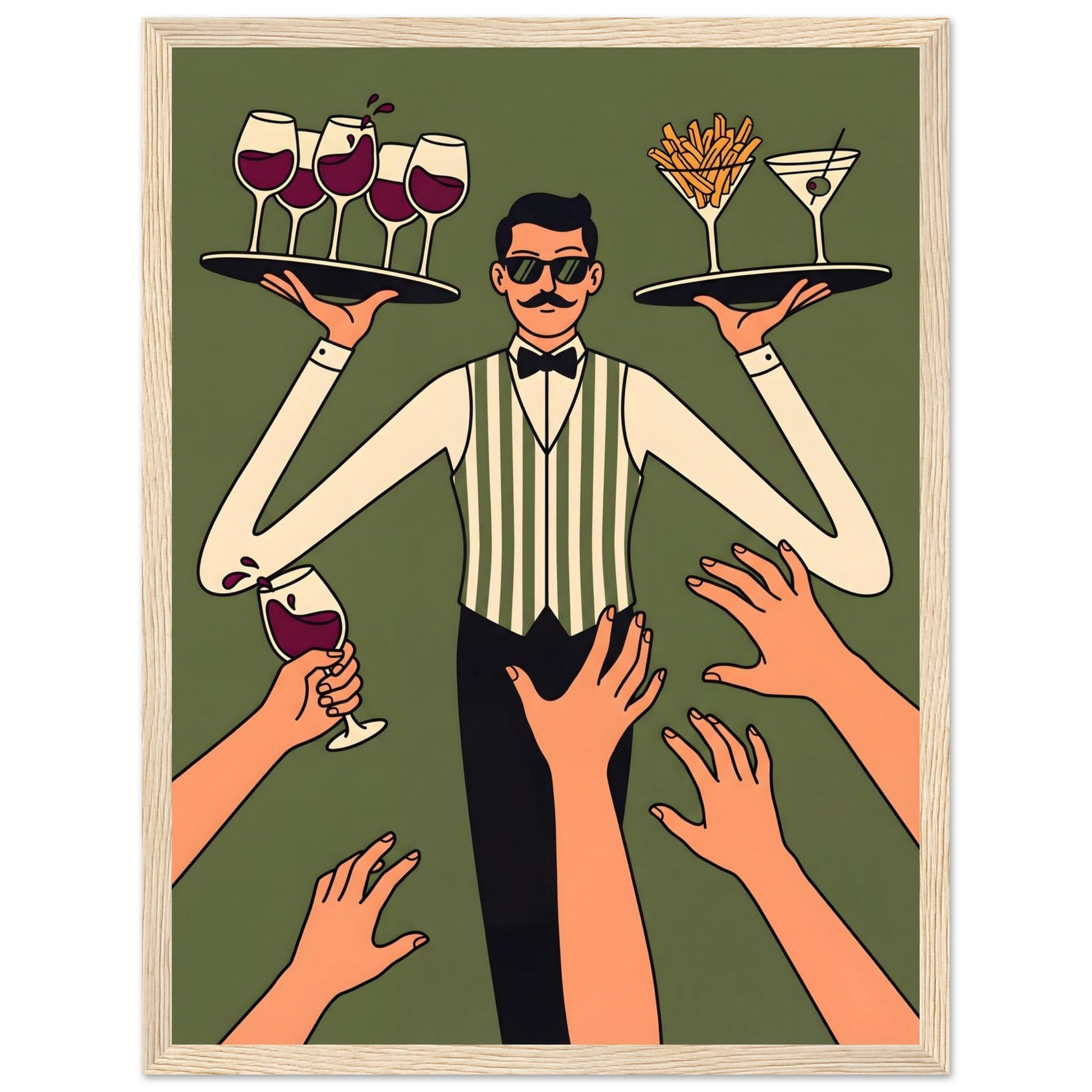 Retro Waiter Bar Art, Framed Server Wall Decor - 20x25 cm / 8x10″ - White frame / Ready-to-hang - Sparkycare