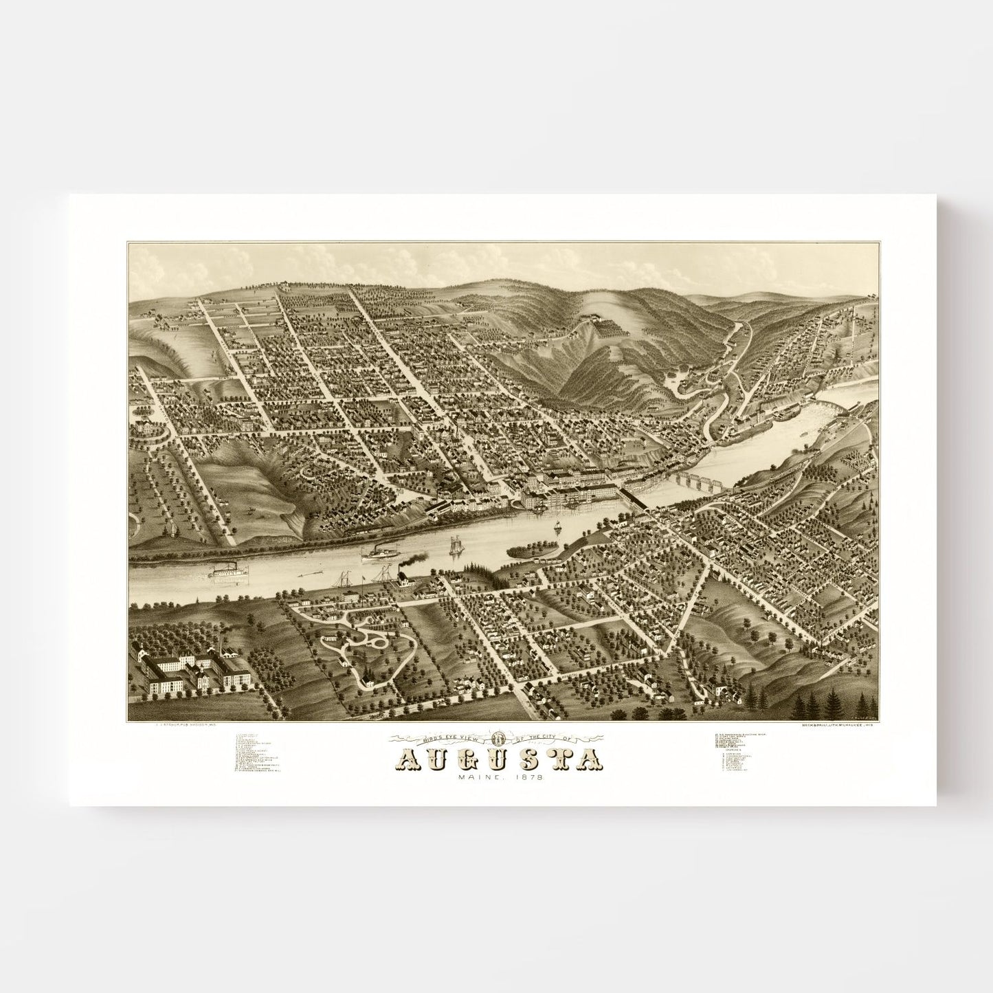 Vintage Map of Augusta, Maine, 1878