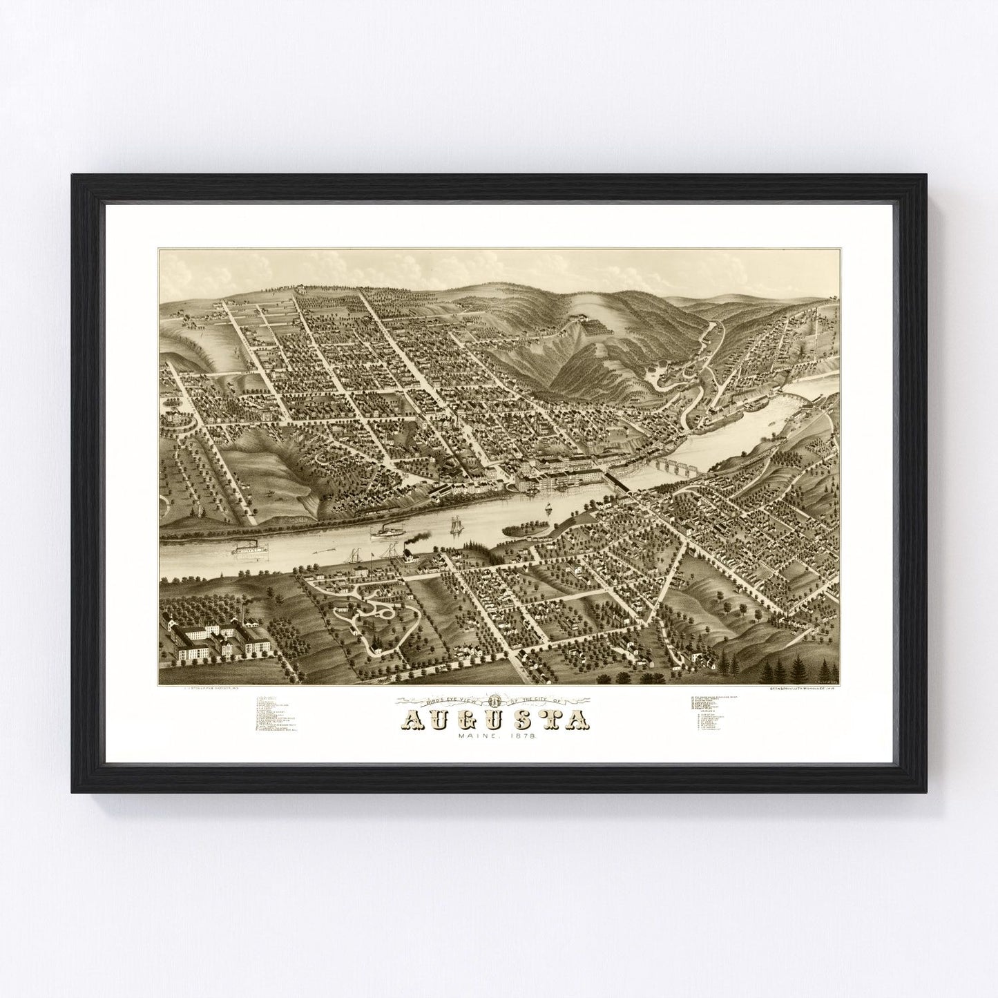 vintage map of Augusta, Maine, 1878, state capital Gilded Age