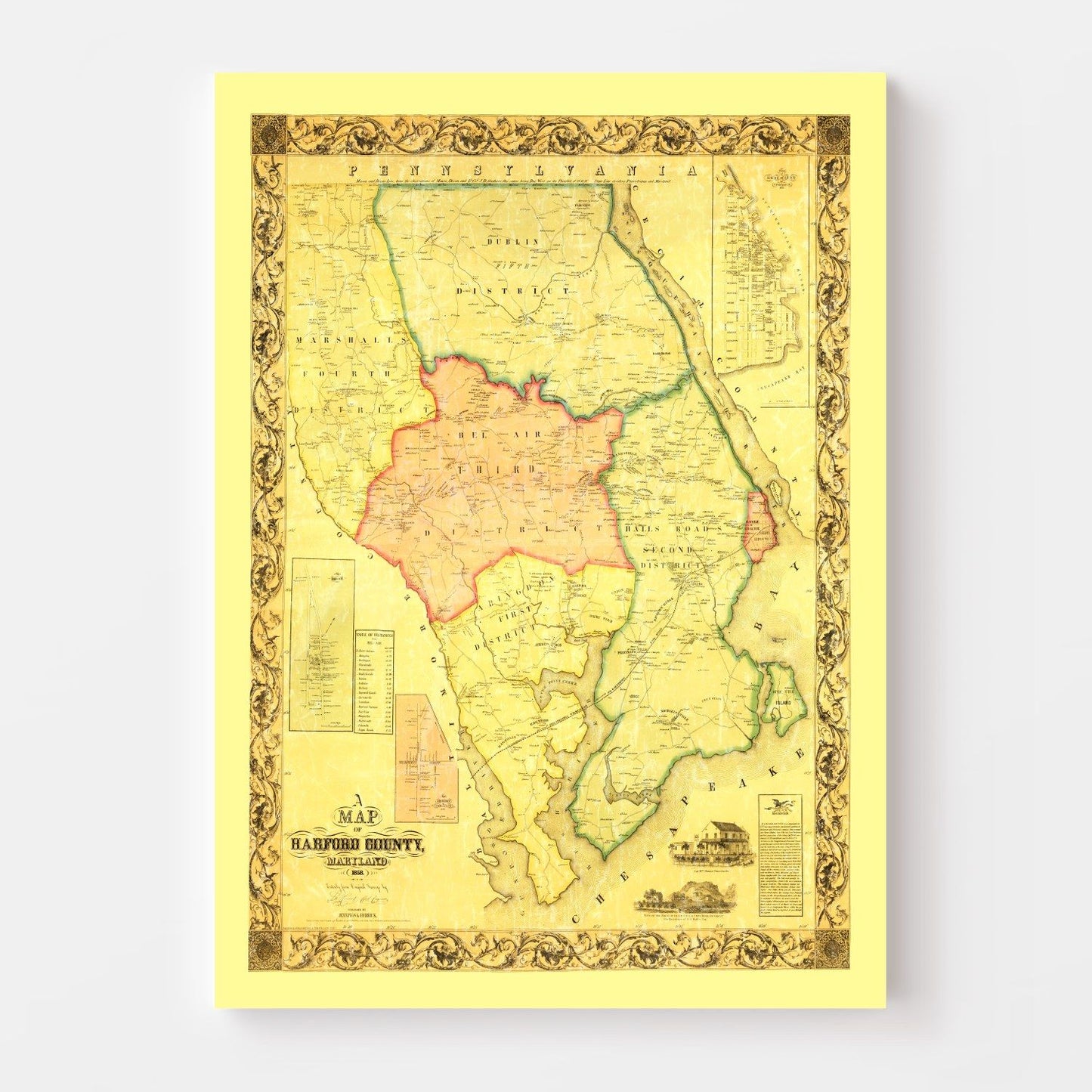 Vintage Map of Harford County, Maryland, 1861