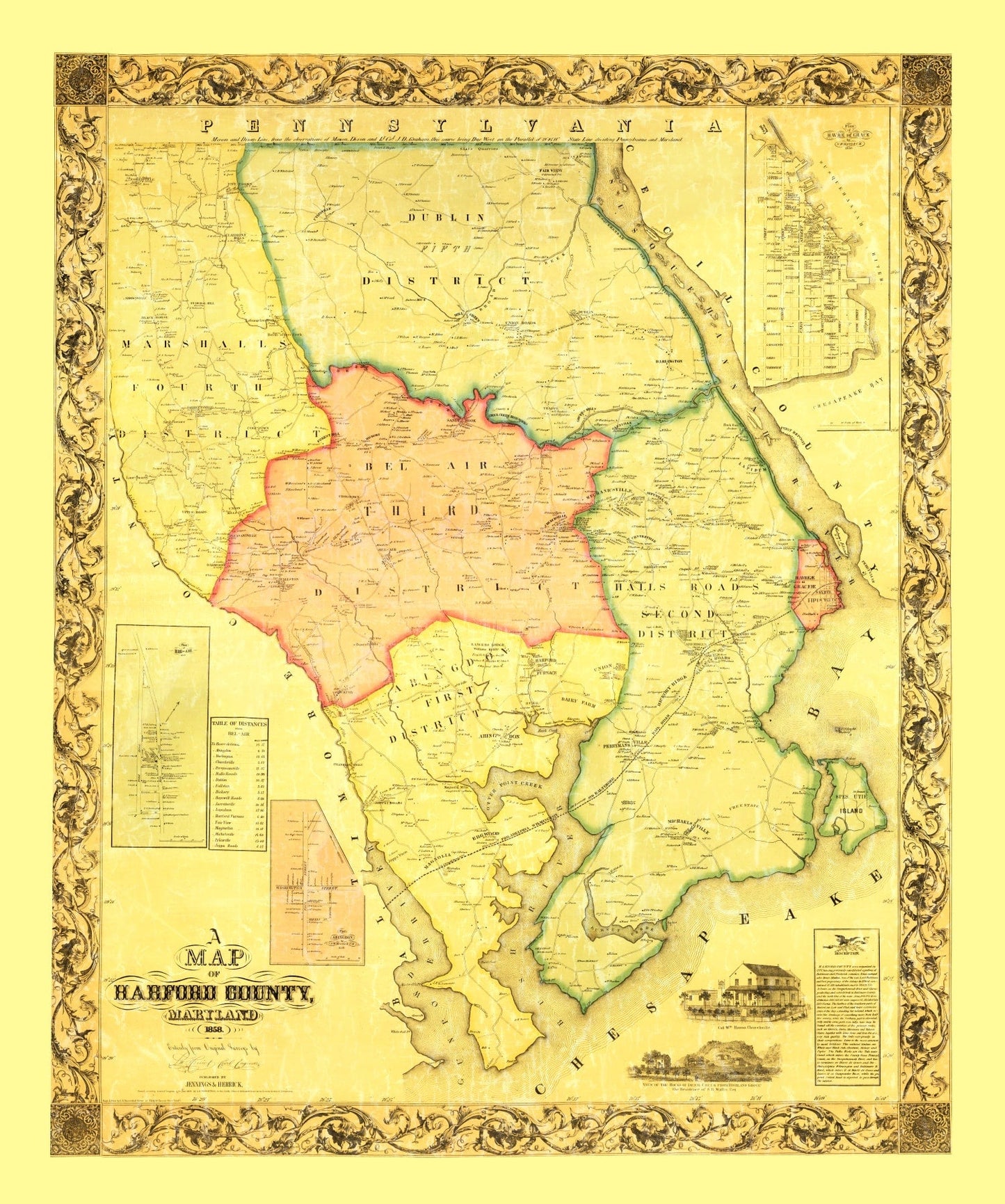 Vintage Map of Harford County, Maryland, 1861