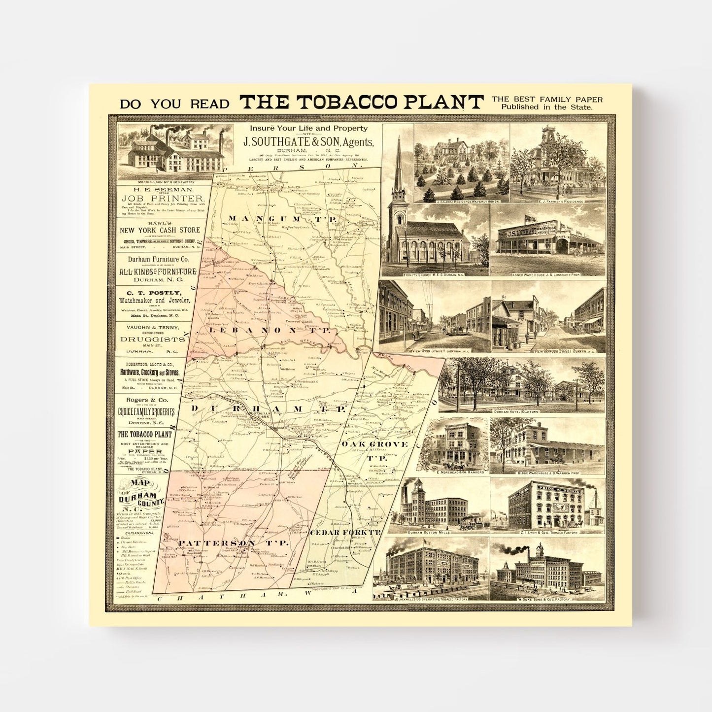 Vintage Map of Durham County, North Carolina, 1887