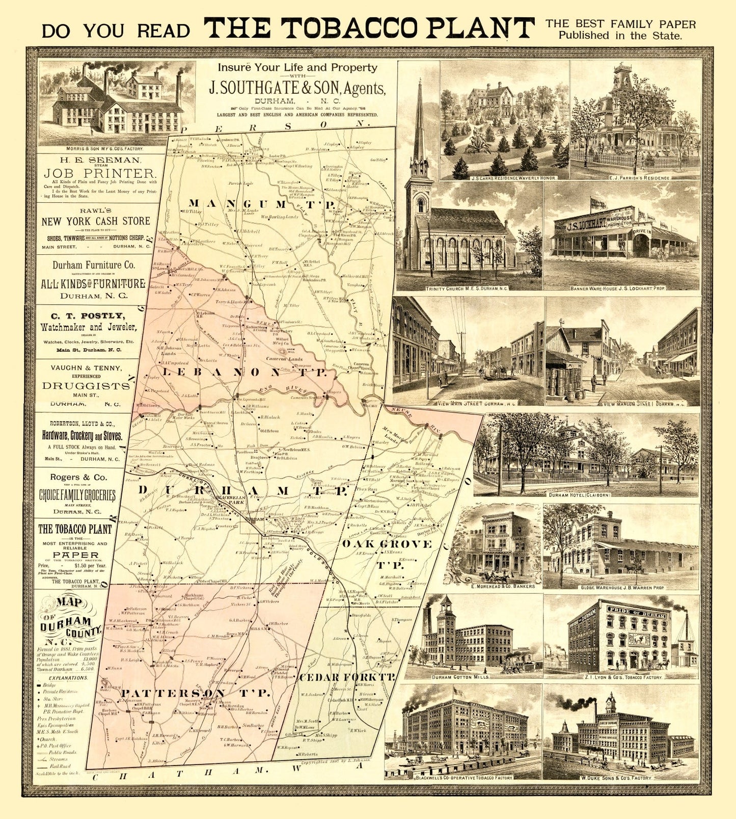 Vintage Map of Durham County, North Carolina, 1887