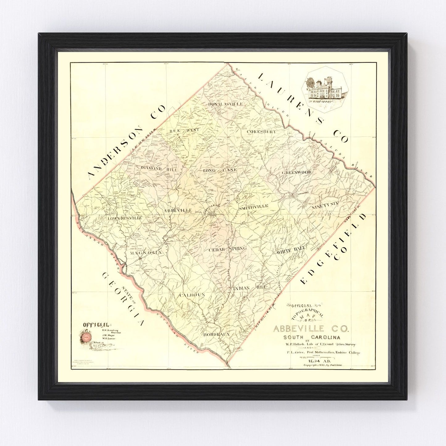 Vintage map of Abbeville County, South Carolina, 1895 - restored 19th-century county survey
