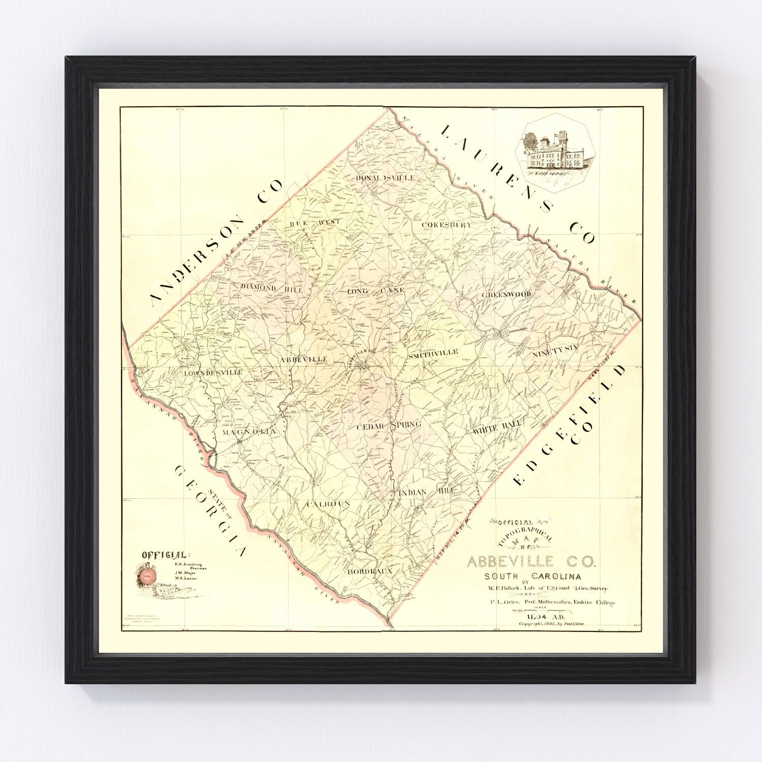 Vintage map of Abbeville County, South Carolina, 1895 - restored 19th-century county survey