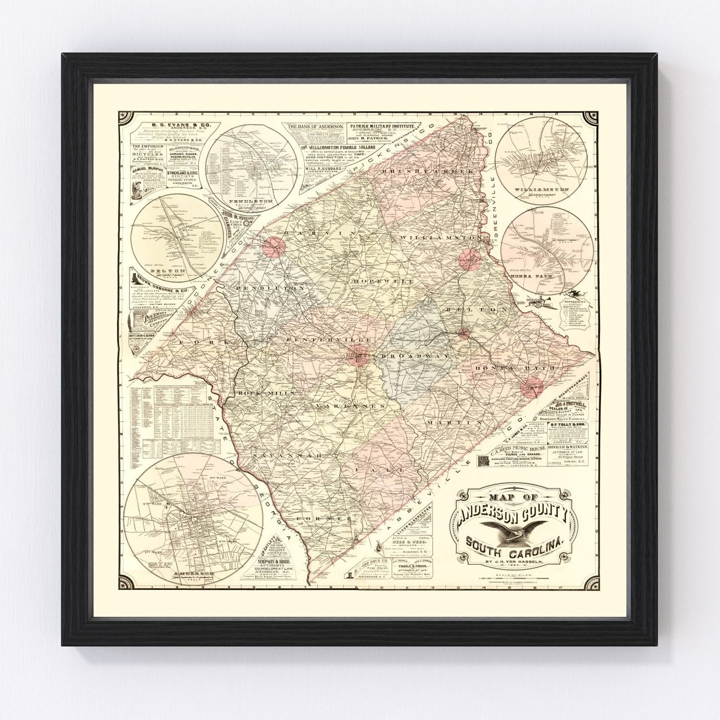 Vintage map of Anderson County, South Carolina, 1897 - restored print