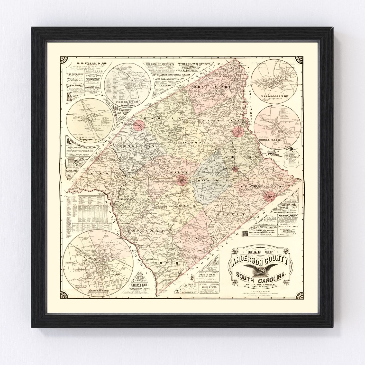 Vintage map of Anderson County, South Carolina, 1897 - restored print