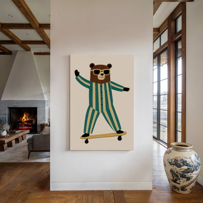 Cool Bear on Skateboard Retro Kids Wall Art