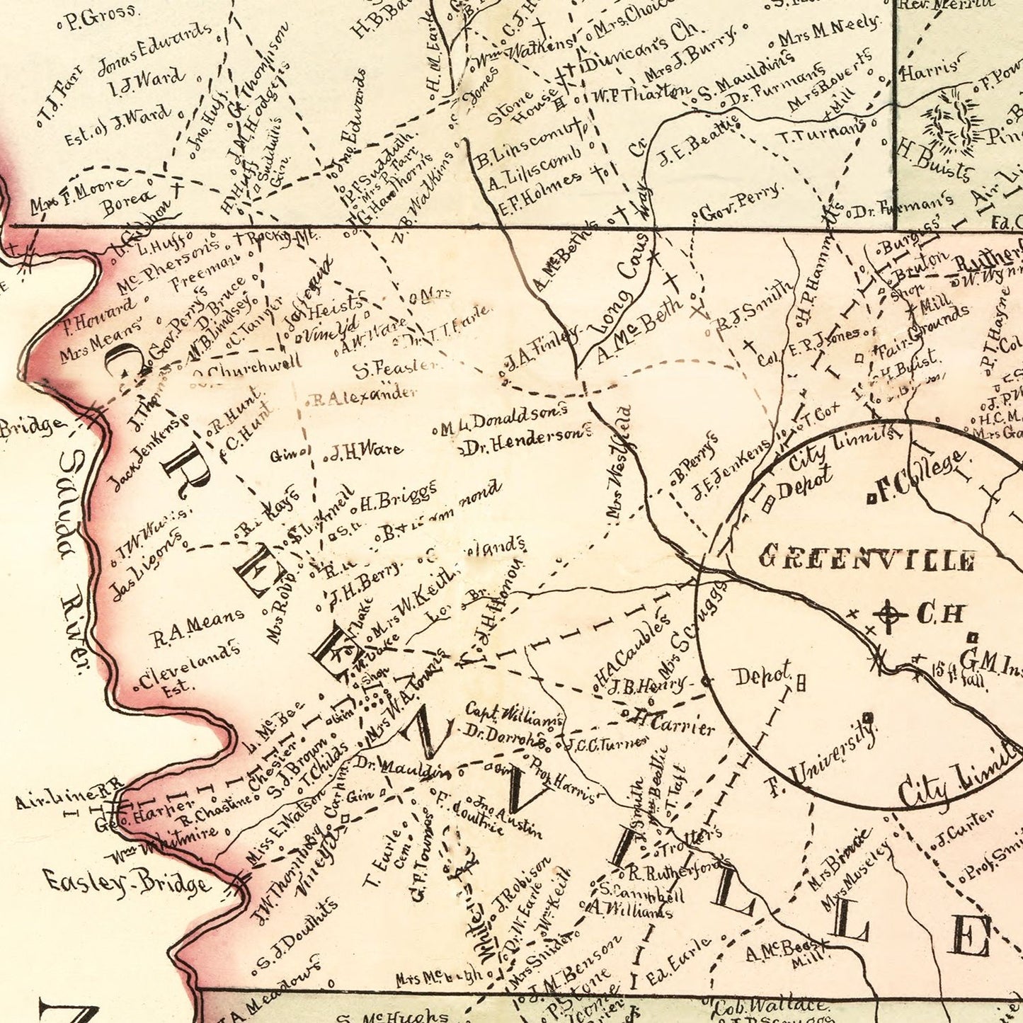 Vintage Map of Greenville County, South Carolina, 1882