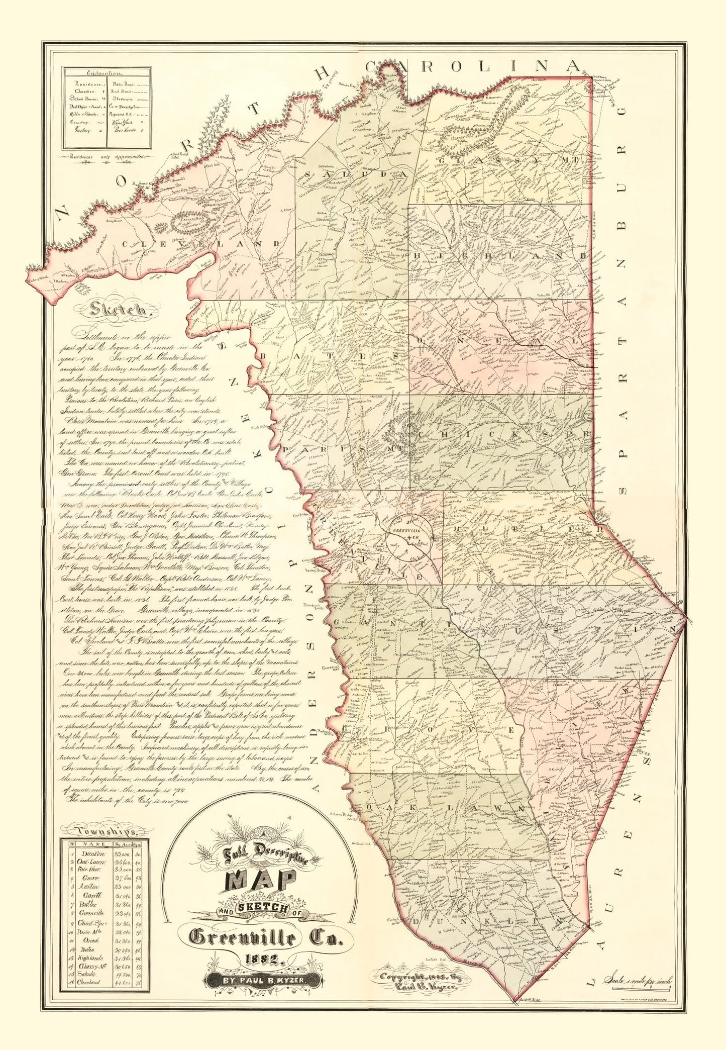 Vintage Map of Greenville County, South Carolina, 1882