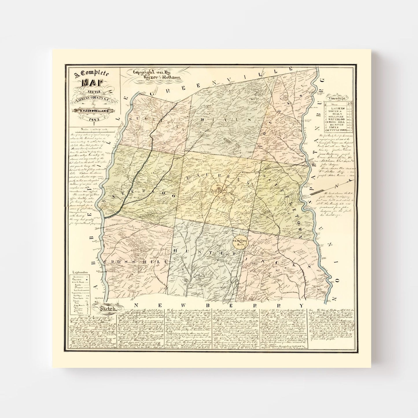 Vintage Map of Laurens County, South Carolina, 1883