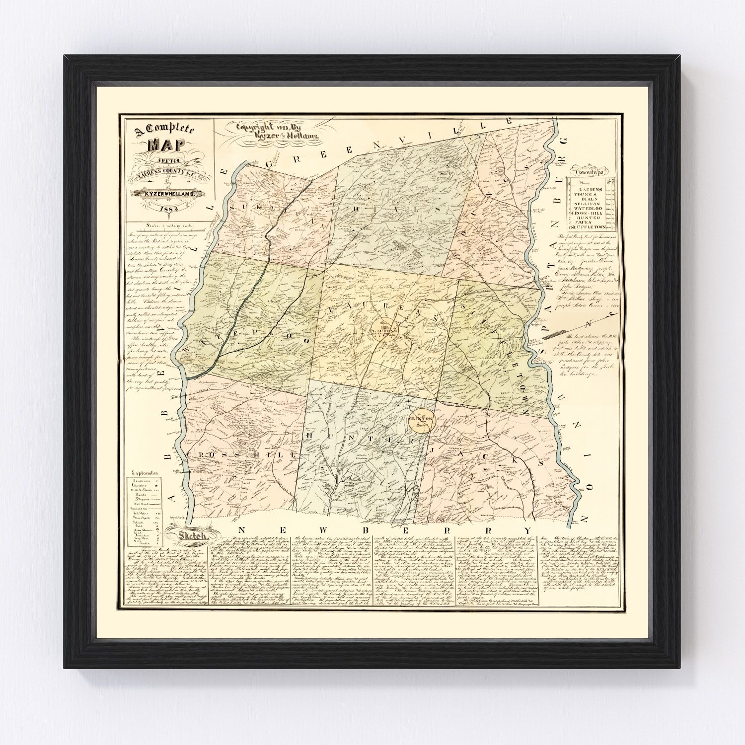 Vintage map of Laurens County, South Carolina, 1883