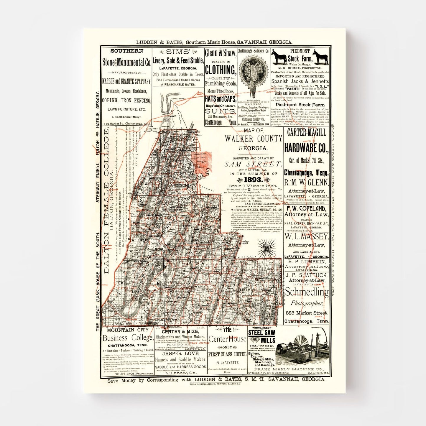 Vintage Map of Walker County, Georgia, 1893